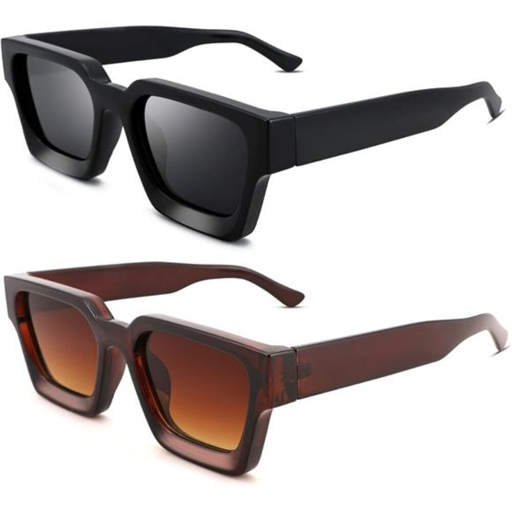 Thick Rectangle Sunglasses Retro Square Chunky 90s Shades UV400 Protection